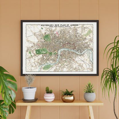 Vintage map of London by J Whitbread titled Whitbreads new plan of London showing streets and parks, framed and displayed in home decor