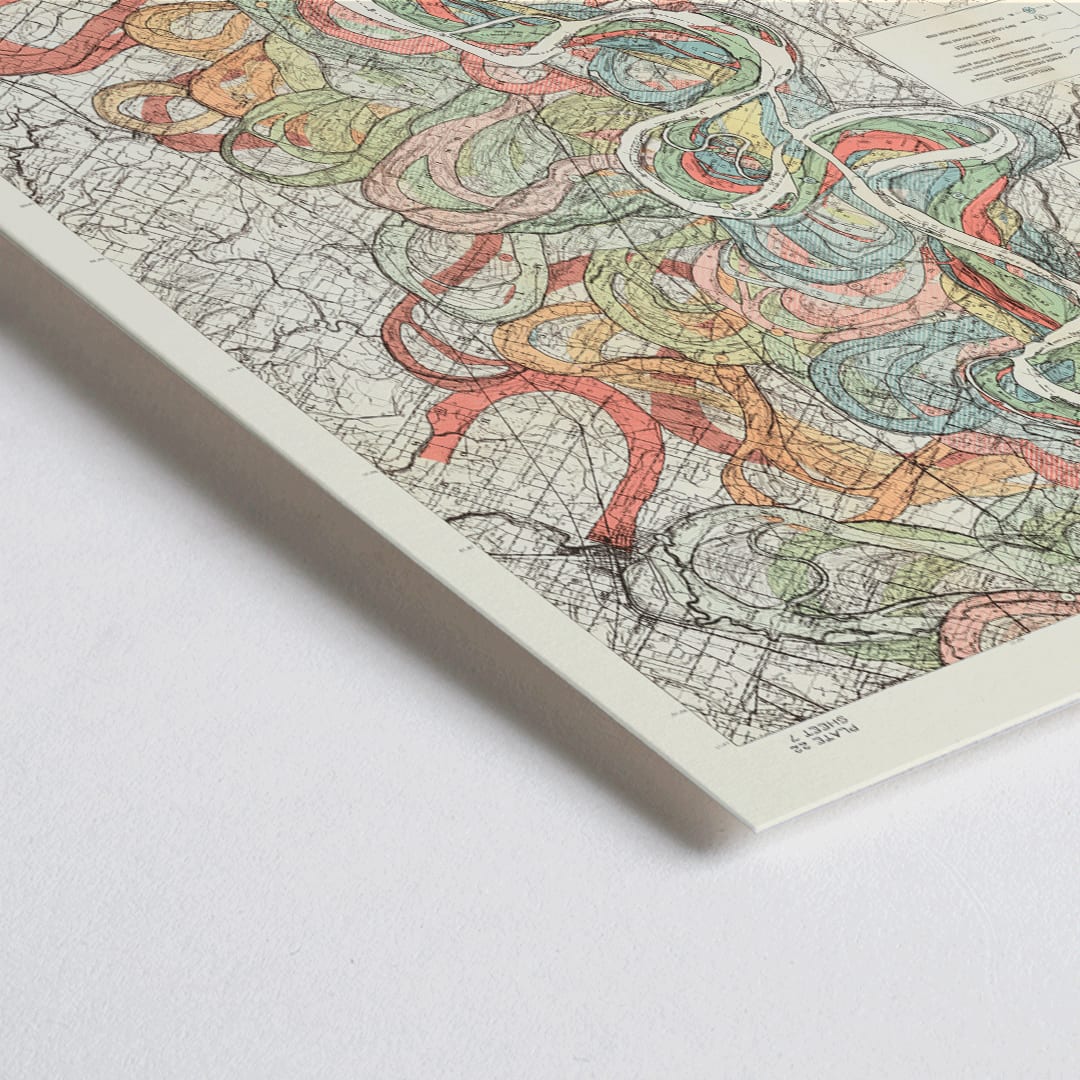 Closeup detail of Colorful topographic map poster of the Mississippi River by Harold Fisk titled Ancient Courses of the Mississippi River showing historic colorful swirls and paths