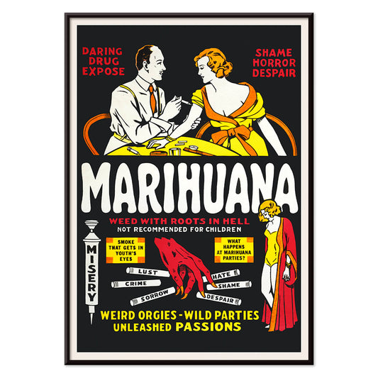 Marihuana movie poster with dramatic illustrations cautionary captions and text highlighting the dangers and consequences of marijuana use, with black aluminium frame on white background