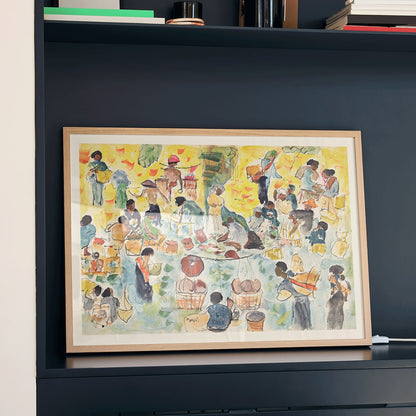 Vibrant market scene in the Dutch East Indies by Pierre Jean Apol featuring bustling merchants and colorful goods, framed and displayed in modern living room decor