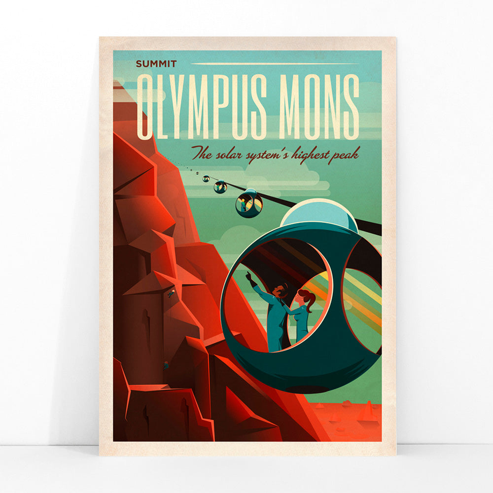Futuristic cable cars and pods ascend the red slopes of Olympus Mons on Mars with travelers viewing the Martian landscape in SpaceX poster artwork, framed and displayed in modern living room decor