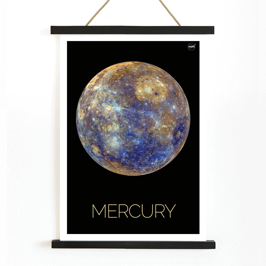 NASA Mercury artwork and poster showing the planet in vivid colors and detailed surface against a black background with Mercury title below, with wooden magnetic frame on white background