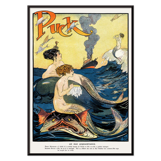 Vintage Puck Magazine illustration of mermaids sewing in a vibrant ocean scene with a boat in the background by Louis M Glackens and anonymous artist, with black aluminium frame on white background