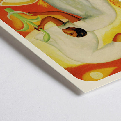 Closeup detail of Diego Rivera painting of two women in white dresses harvesting crops in a vibrant orange and yellow field Mexican Art and Life magazine cover poster