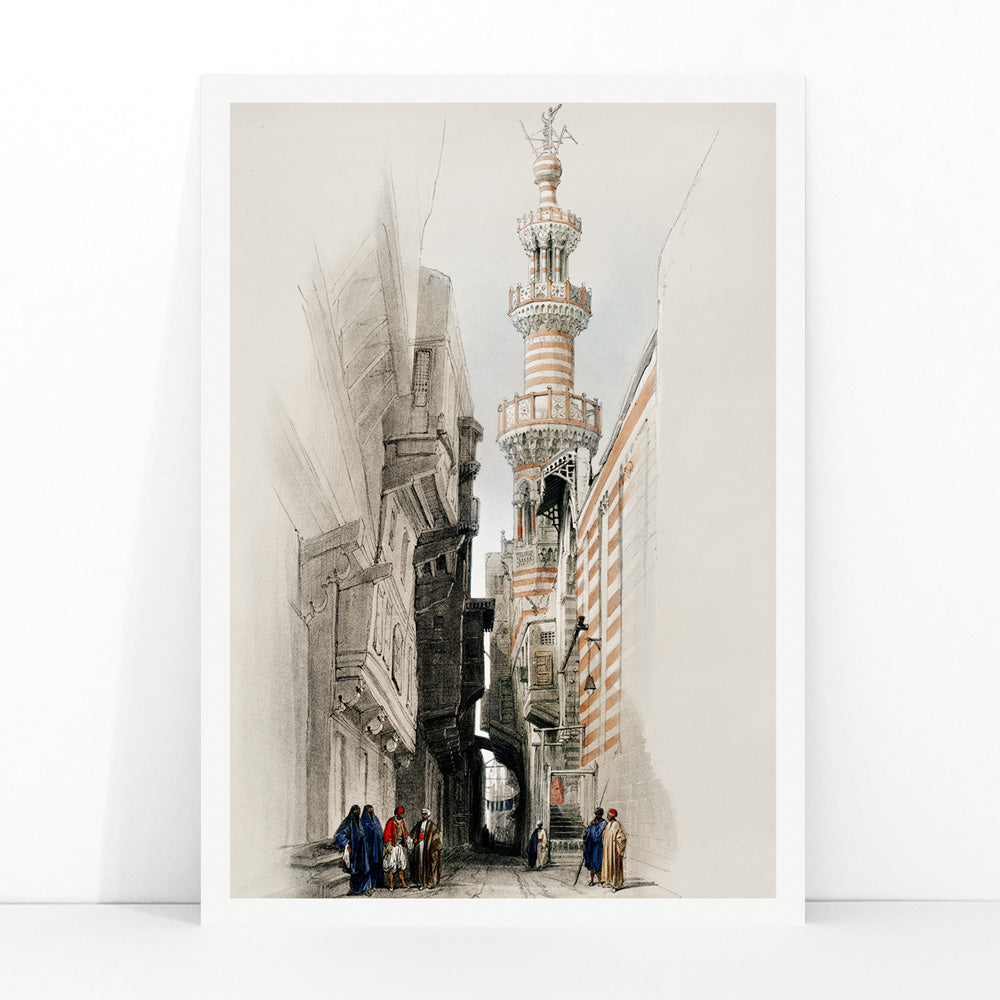 Minaret of the mosque The Rhamree with people in traditional attire street view and poster artwork by David Roberts, framed and displayed in modern living room decor