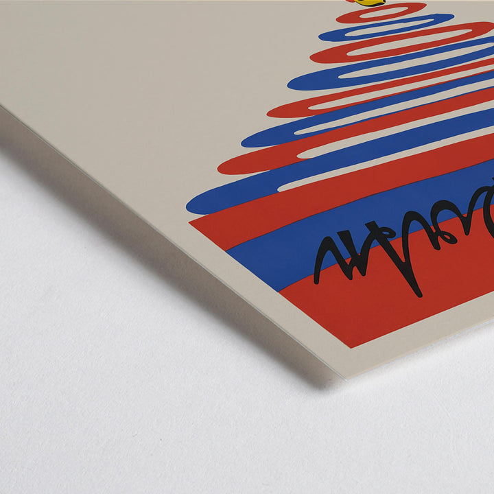 Closeup detail of Julius Klinger Hollerbaum und Schmidt poster with red and blue spiral lettering and minimalist suited figure on beige background