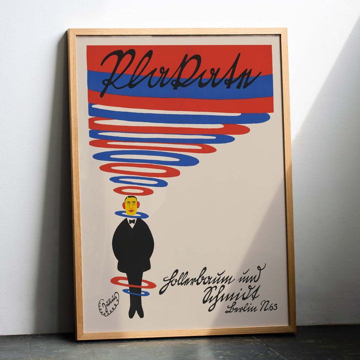 Julius Klinger Hollerbaum und Schmidt poster with red and blue spiral lettering and minimalist suited figure on beige background, framed and displayed in modern living room decor
