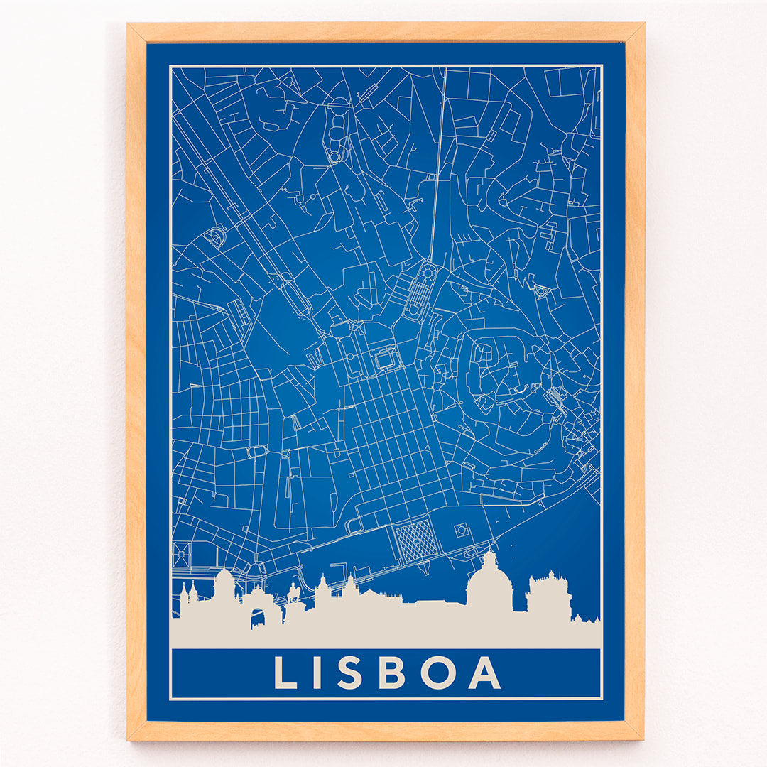 Minimalist Lisbon Map artwork in blue and white showing city map skyline and landmarks silhouette poster, framed and displayed in modern living room decor
