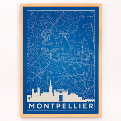Minimalist map art print and detailed blue and white poster of Montpellier with city landmarks by Minimalist Montpellier Map, framed and displayed in modern living room decor