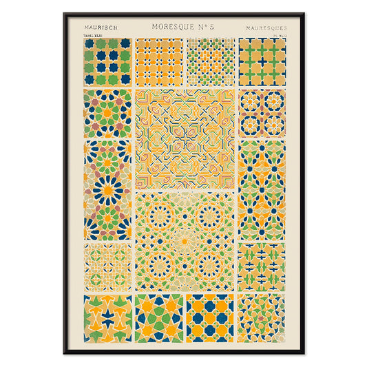 Moresque 5 vintage pattern by Owen Jones with colorful geometric tile designs from Grammar of Ornament book, with black aluminium frame on white background