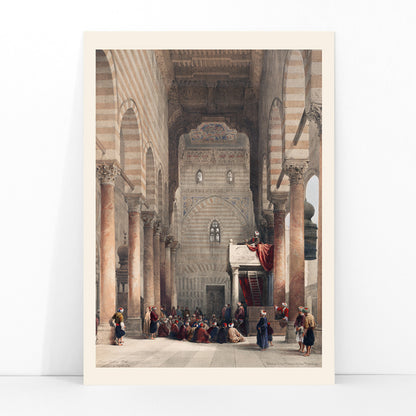 Interior of the mosque of the Metwalys by David Roberts with architectural details and people gathered inside grand hall poster, framed and displayed in modern living room decor