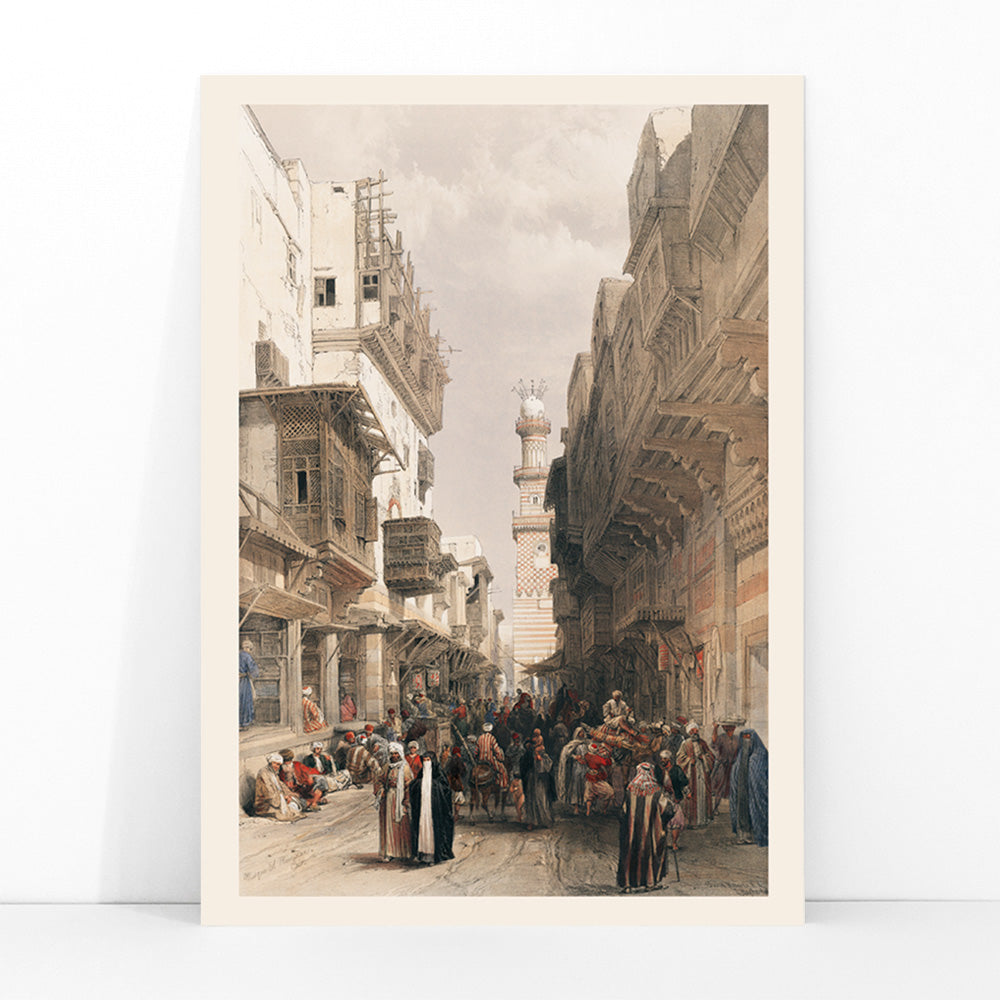 Bustling Cairo street scene with Mosque The Mooristan and people illustrated by David Roberts, framed and displayed in modern living room decor