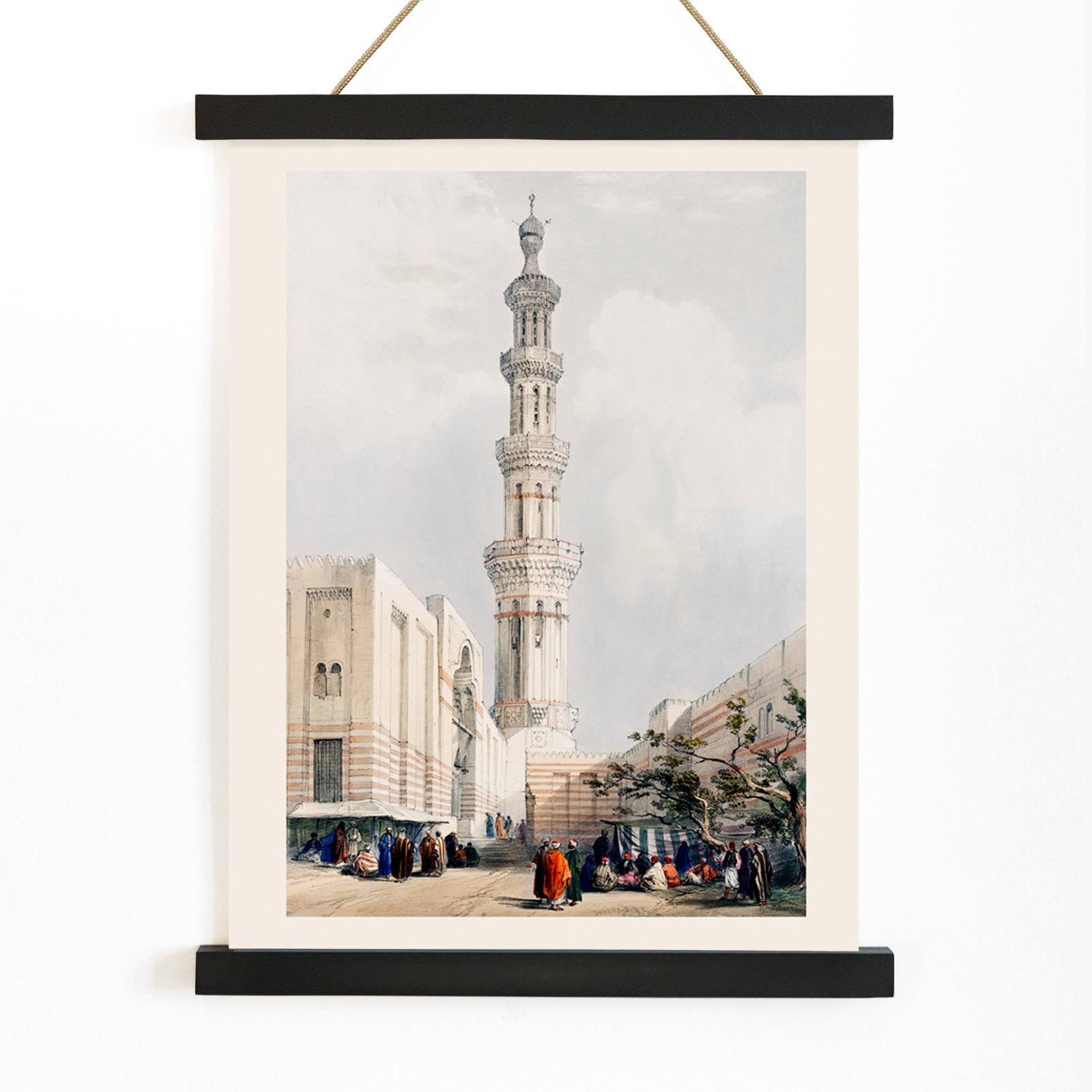 People gathered outside ornate minaret mosque in Cairo detailed illustration by David Roberts, with wooden magnetic frame on white background