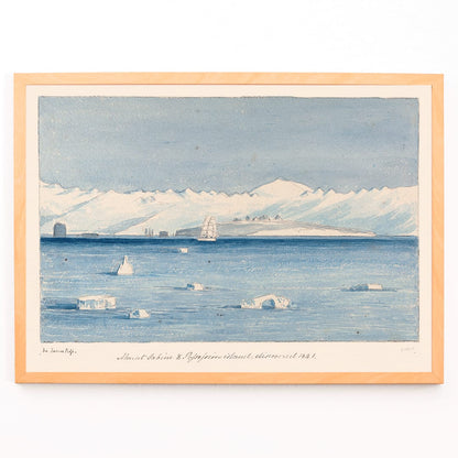 Mount Sabine and Possessions Island painting and poster by Charles Hamilton Smith showing icy waters a ship and distant mountains, framed and displayed in modern living room decor