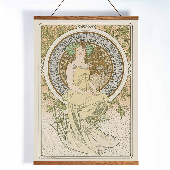 Alphonse Mucha Exposition de Bruxelles Art Nouveau poster with graceful woman and floral ornaments in soft green and beige tones, with wooden magnetic frame on white background