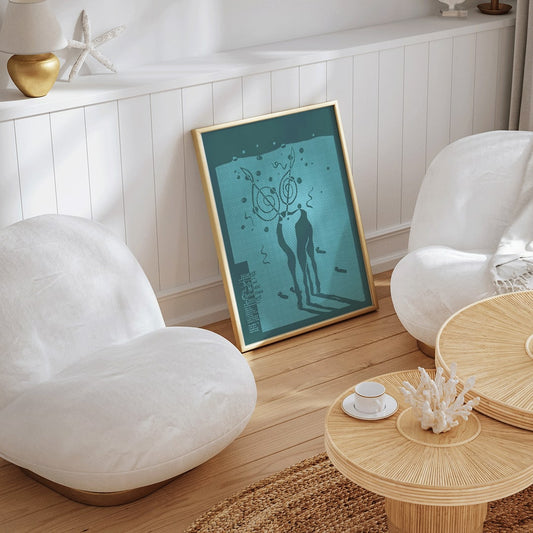 Poster for Hodie School of Music Christmas concert by Lanny Sommese featuring abstract figures with musical notes on a teal background, framed and displayed in home decor