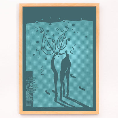 Poster for Hodie School of Music Christmas concert by Lanny Sommese featuring abstract figures with musical notes on a teal background, framed and displayed in modern living room decor