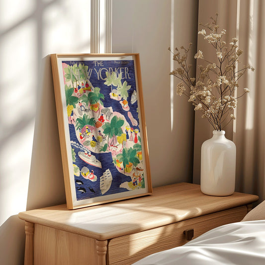 Colorful tropical island scene with people huts boats and palm trees in watercolor style illustration by Roger Duvoisin for The New Yorker, framed and displayed in home decor