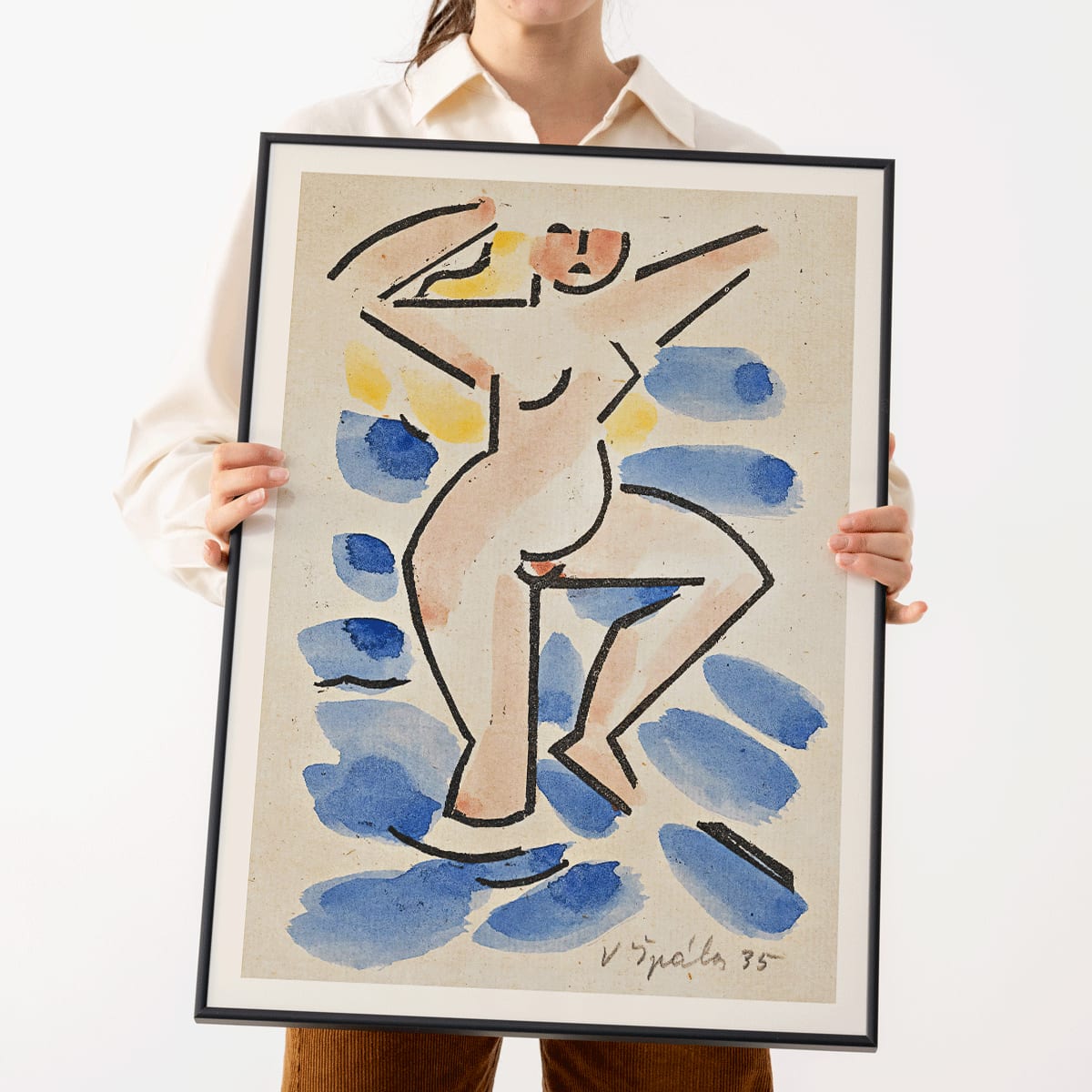 Colorful abstract watercolor painting and poster of a nude figure in blues and pinks titled Nude by Vaclav Spala, framed and displayed in modern living room decor