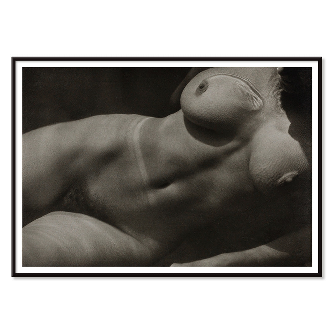 Black and white artistic photograph of reclining nude female torso Rebecca Salsbury Strand by Alfred Stieglitz, with black aluminium frame on white background