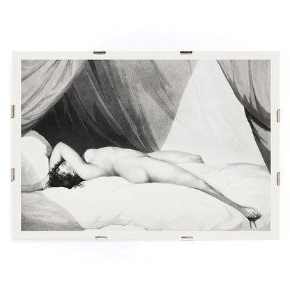 Nude woman reclining on curtained bed in artwork and poster Nude Reclining on Curtained Bed by William Holland with draped curtains in background, framed and displayed in modern living room decor