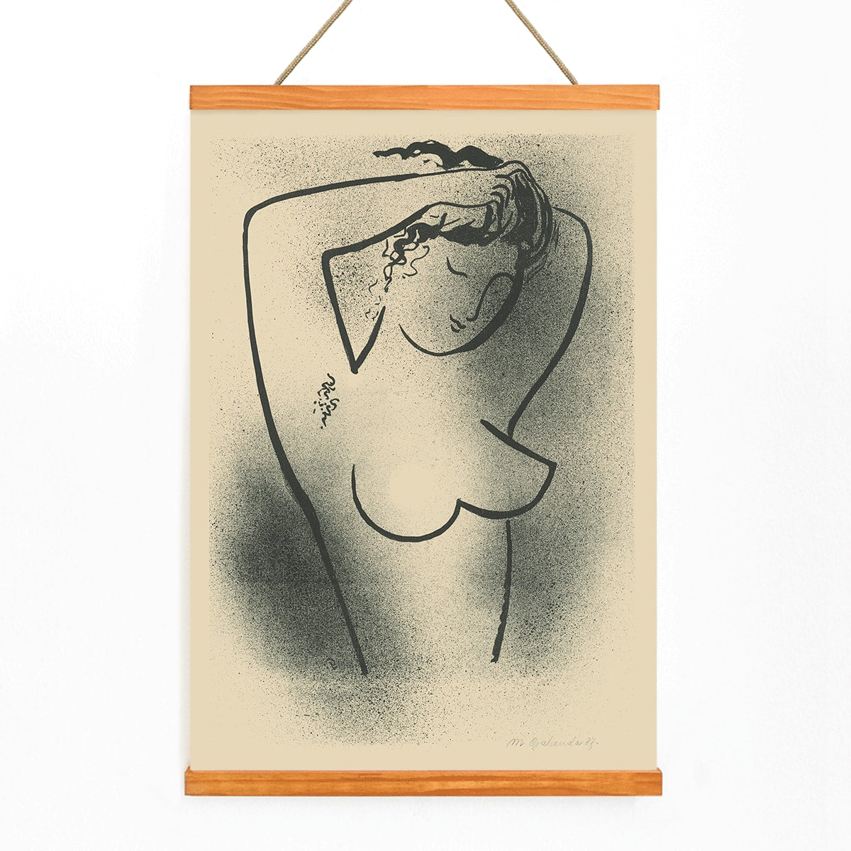 Minimalistic line art poster of a nude woman adjusting her hair by Mikulas Galanda titled Toaleta, with wooden magnetic frame on white background