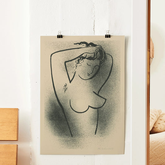 Minimalistic line art poster of a nude woman adjusting her hair by Mikulas Galanda titled Toaleta, framed and displayed in home decor
