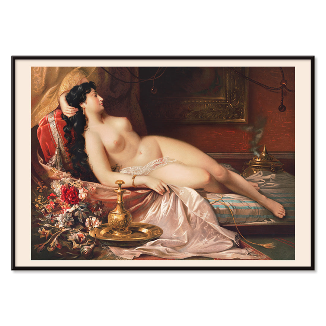 Sleeping beauty art poster featuring a reclining nude woman on luxurious fabrics with ornate objects and flowers in the background, with black aluminium frame on white background