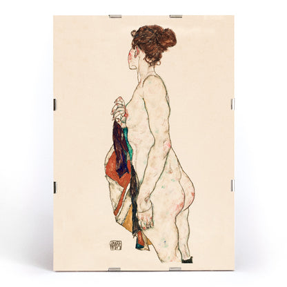 Standing nude woman with a patterned robe artwork by Egon Schiele side view and colorful robe poster, framed and displayed in modern living room decor