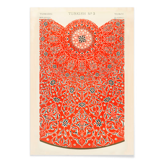 Intricate red and white Turkish ornamental pattern artwork poster by Owen Jones titled Grammar of Ornament featuring detailed geometric designs, with black aluminium frame on white background