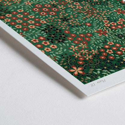 Closeup detail of Floral pattern artwork poster by GA Audsley from The Ornamental Arts Of Japan featuring intricate vibrant green and red designs