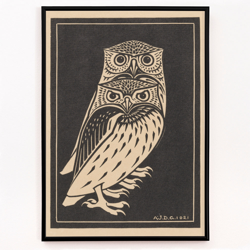 Closeup detail of Stylized black and white owls artwork by Julie de Graag titled Two black and white owls illustration and poster