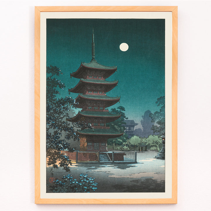 Closeup detail of Asakusa Kinryuzan Temple pagoda at night with full moon by Tsuchiya Koitsu from Sketches of Famous Places in Japan poster