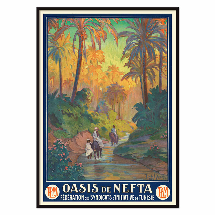 Oasis de Nefta poster by Joseph de La Nézière with lush palm oasis, warm sunset light, figures and winding stream, with black aluminium frame on white background