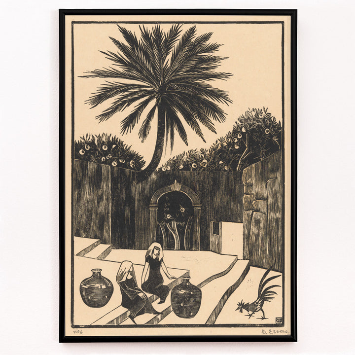 Closeup detail of Street with steps in Taormina Sicily featuring palm tree two women with jugs and figures outdoor scene artwork by Bernard Essers