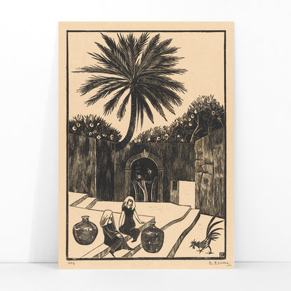 Street with steps in Taormina Sicily featuring palm tree two women with jugs and figures outdoor scene artwork by Bernard Essers, framed and displayed in modern living room decor