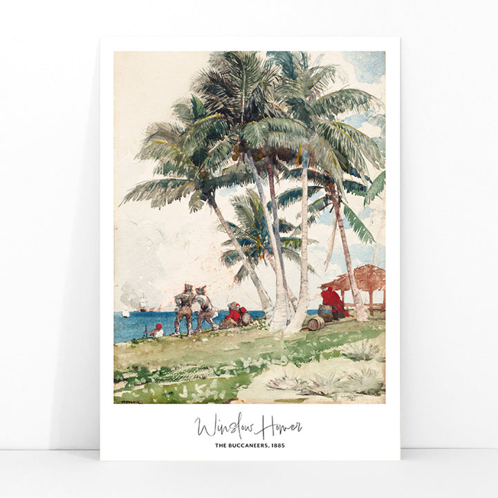 The Buccaneers by Winslow Homer poster featuring pirates under palm trees on a tropical beach with a ship in the background, framed and displayed in modern living room decor