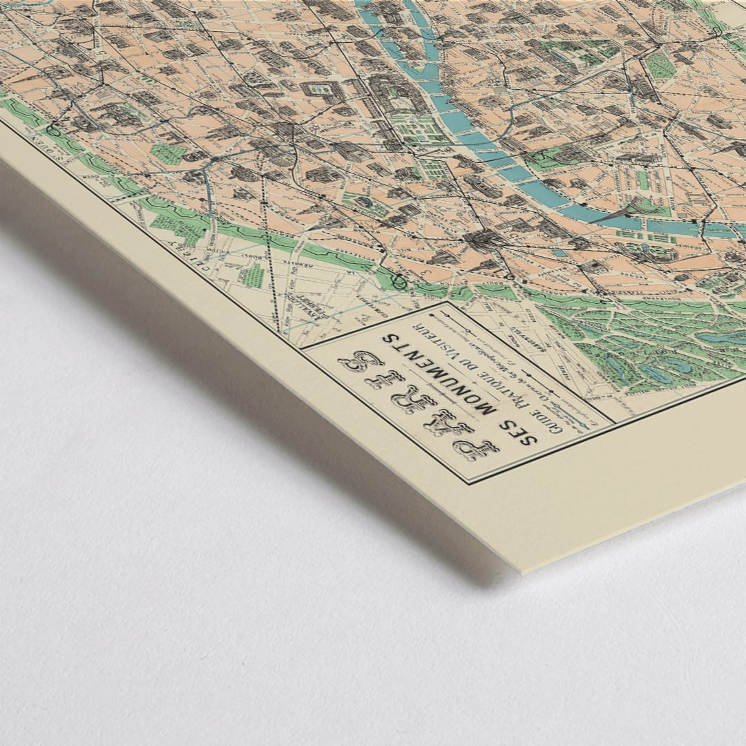 Closeup detail of Vintage map of Paris showing monuments from Paris Ses Monuments Guide Pratique Du Visiteur by Borremans F poster