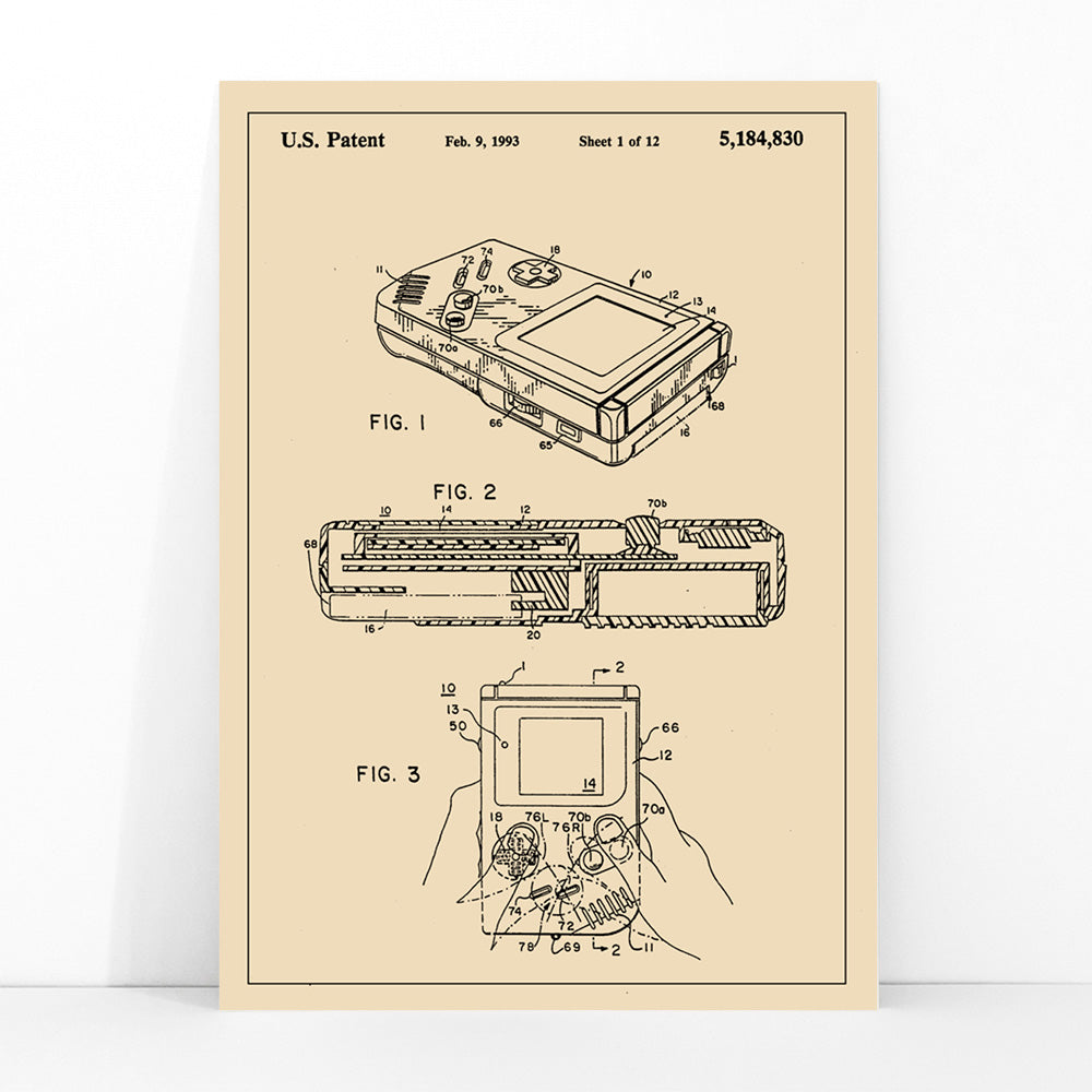 Gameboy Patent technical drawing and poster artwork by Nintendo ideal for gaming decor and collectors, framed and displayed in modern living room decor