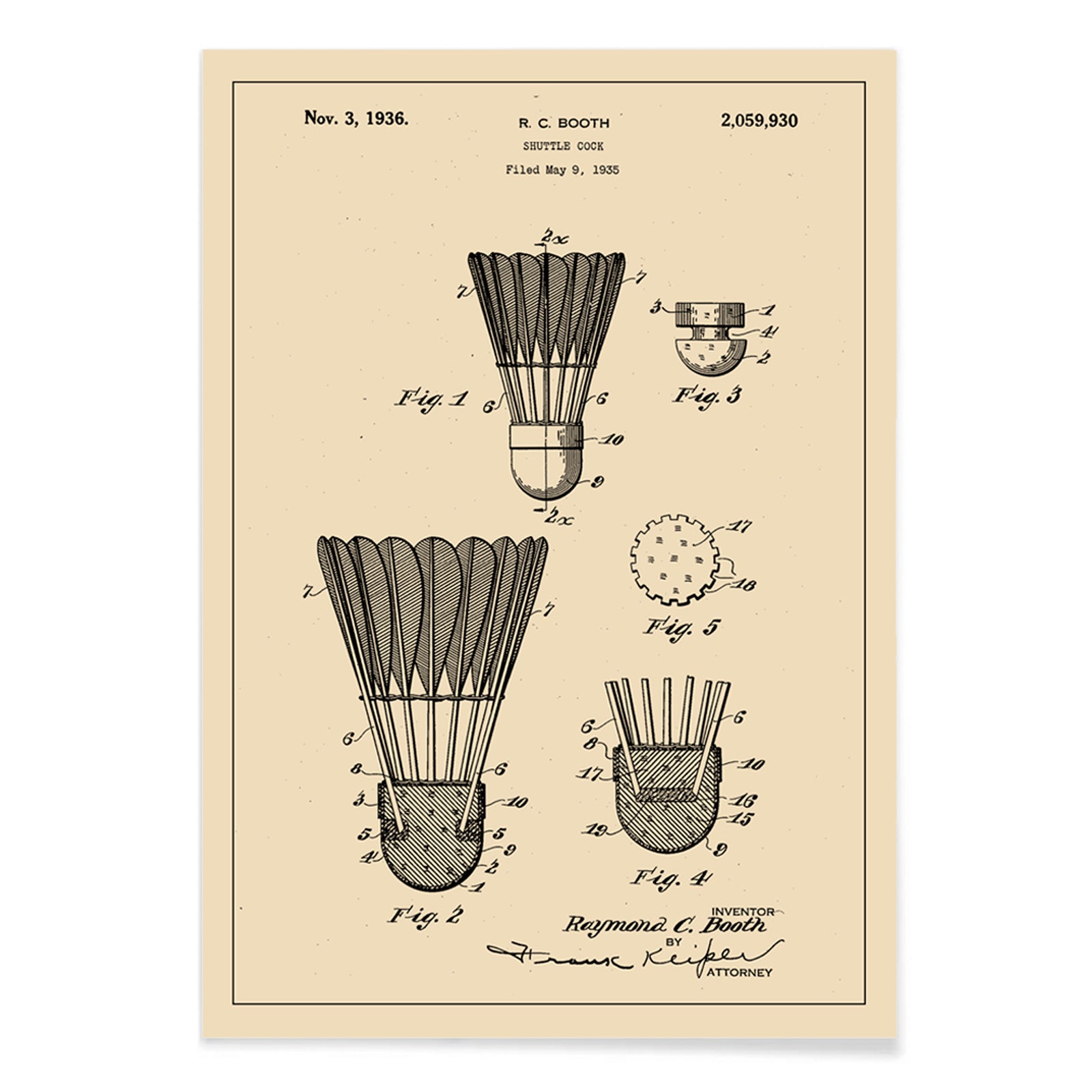 Shuttle Cock patent illustration and poster by R C Booth featuring detailed technical badminton shuttlecock diagrams and artwork, with black aluminium frame on white background
