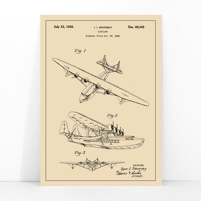 Detailed technical drawing and poster of a seaplane airplane patent by Igor I Sikorsky featuring multiple views and aircraft design sketches, framed and displayed in modern living room decor
