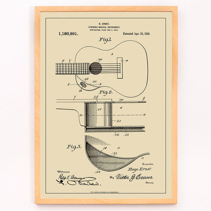Musical Instrument Patent by H Ernst with detailed technical drawings of a stringed instrument and guitar patent illustration poster, framed and displayed in modern living room decor
