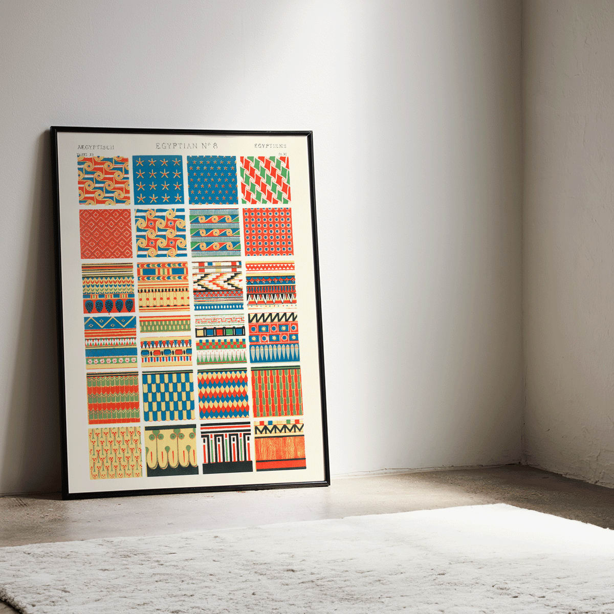 Vibrant Egyptian patterns by Owen Jones from Century Grammar of Ornament featuring artwork Egyptian 8 decorative poster, framed and displayed in home decor