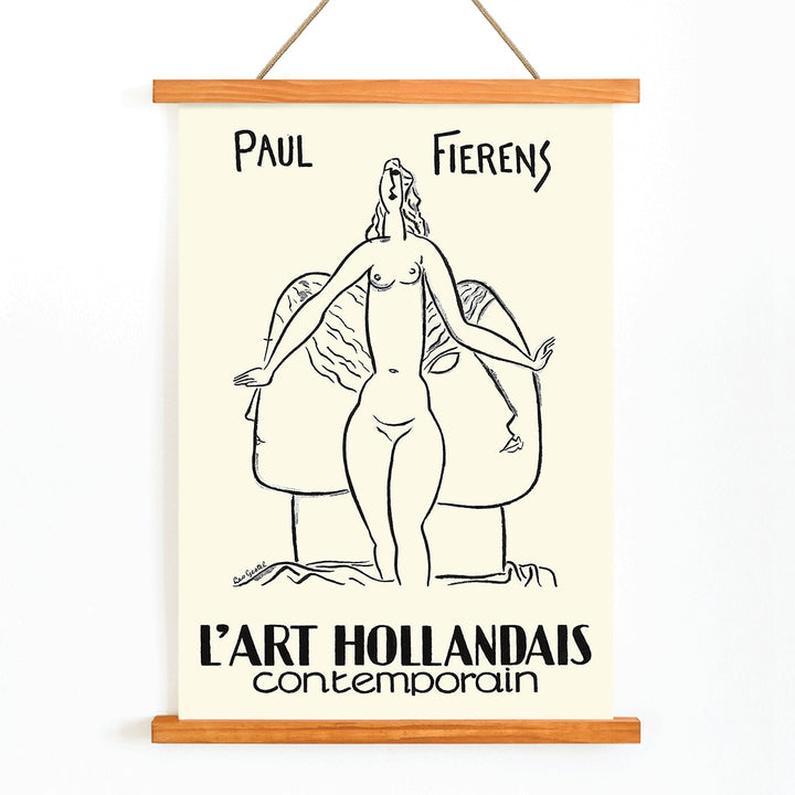 Black and white illustration poster of a nude woman and drawing of a nude figure by Paul Fierens in contemporary Dutch art from L Art Hollandais contemporain, with wooden magnetic frame on white background