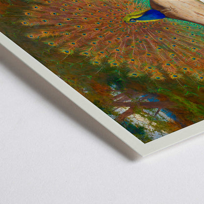 Closeup detail of Colorful peacock with open feathers and butterfly in garden art poster vibrant tail feathers natural setting artwork Peacock And Peacock Butterfly by Archibald Thorburn