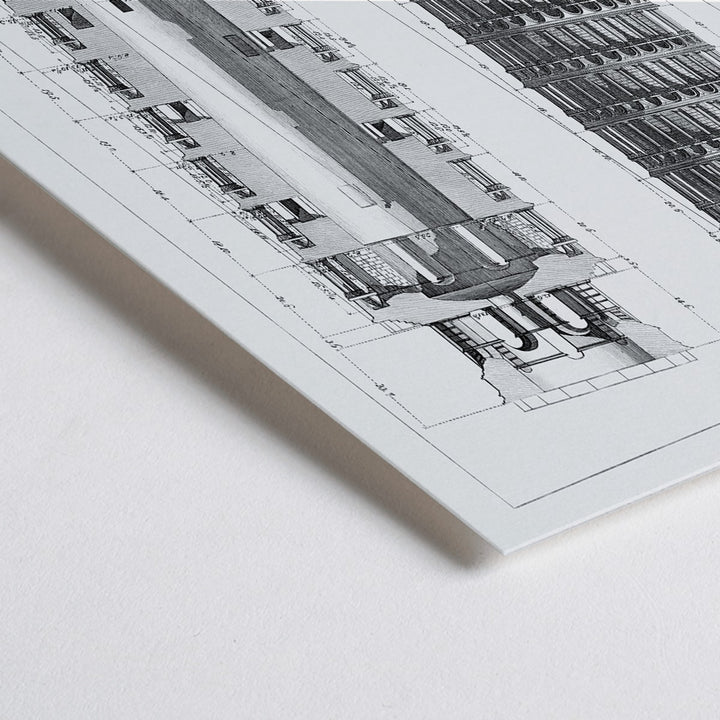 Closeup detail of Architectural illustration and poster of the Leaning Tower of Pisa Campanile di Pisa by GL Taylor featuring elevations and section views