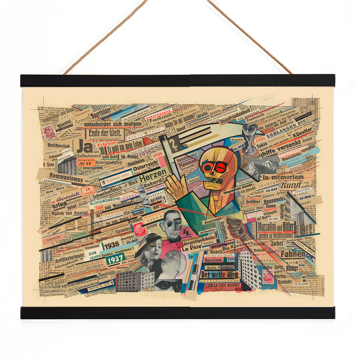 Political collage with newspaper clippings geometric figure and skull by Karl Wiener titled Political collage poster, with wooden magnetic frame on white background