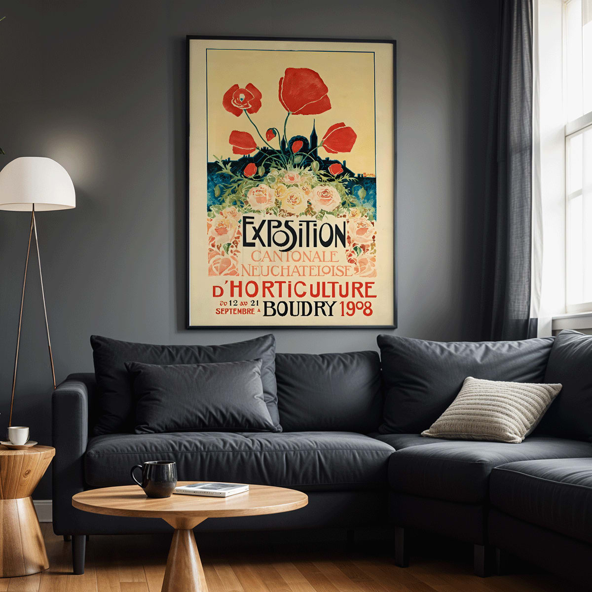 Colorful floral poster with vibrant flowers and bold text for Exposition Cantonale Neuchateloise dhorticulture de Boudry by Edmond Boitel, framed and displayed in modern living room decor