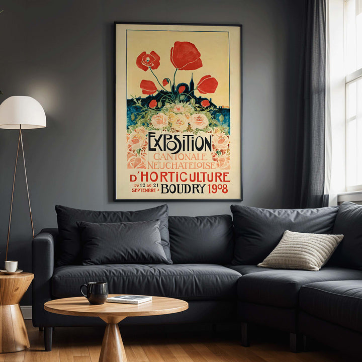 Colorful floral poster with vibrant flowers and bold text for Exposition Cantonale Neuchateloise dhorticulture de Boudry by Edmond Boitel, framed and displayed in modern living room decor