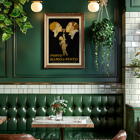 Porto Ramos-Pinto poster by Rene Vincent with two people about to kiss and a cherub holding a wine glass, framed and displayed in home decor